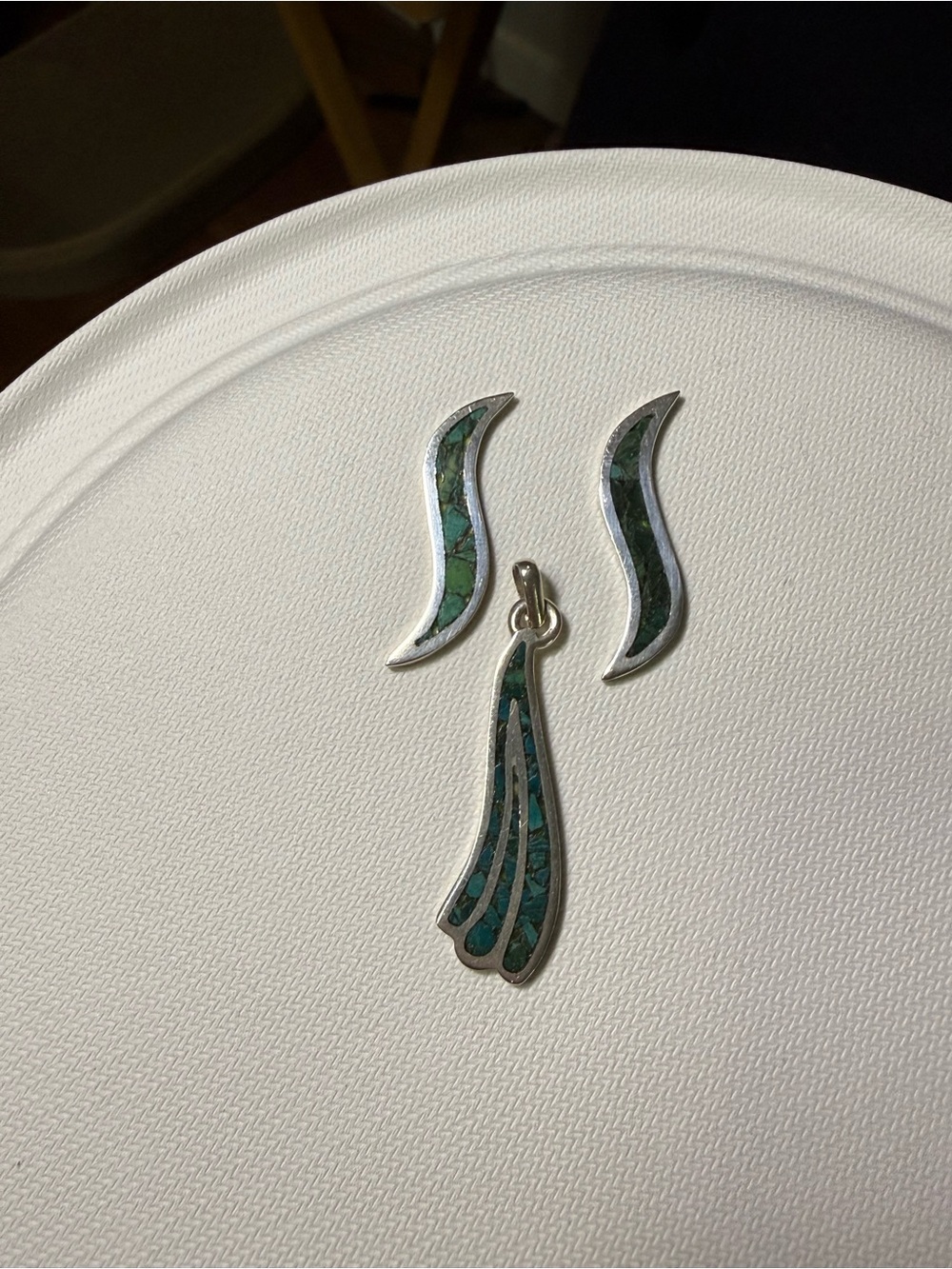 Vintage Taxco Mexican Silver Turquoise Inlay Pendant & Earrings